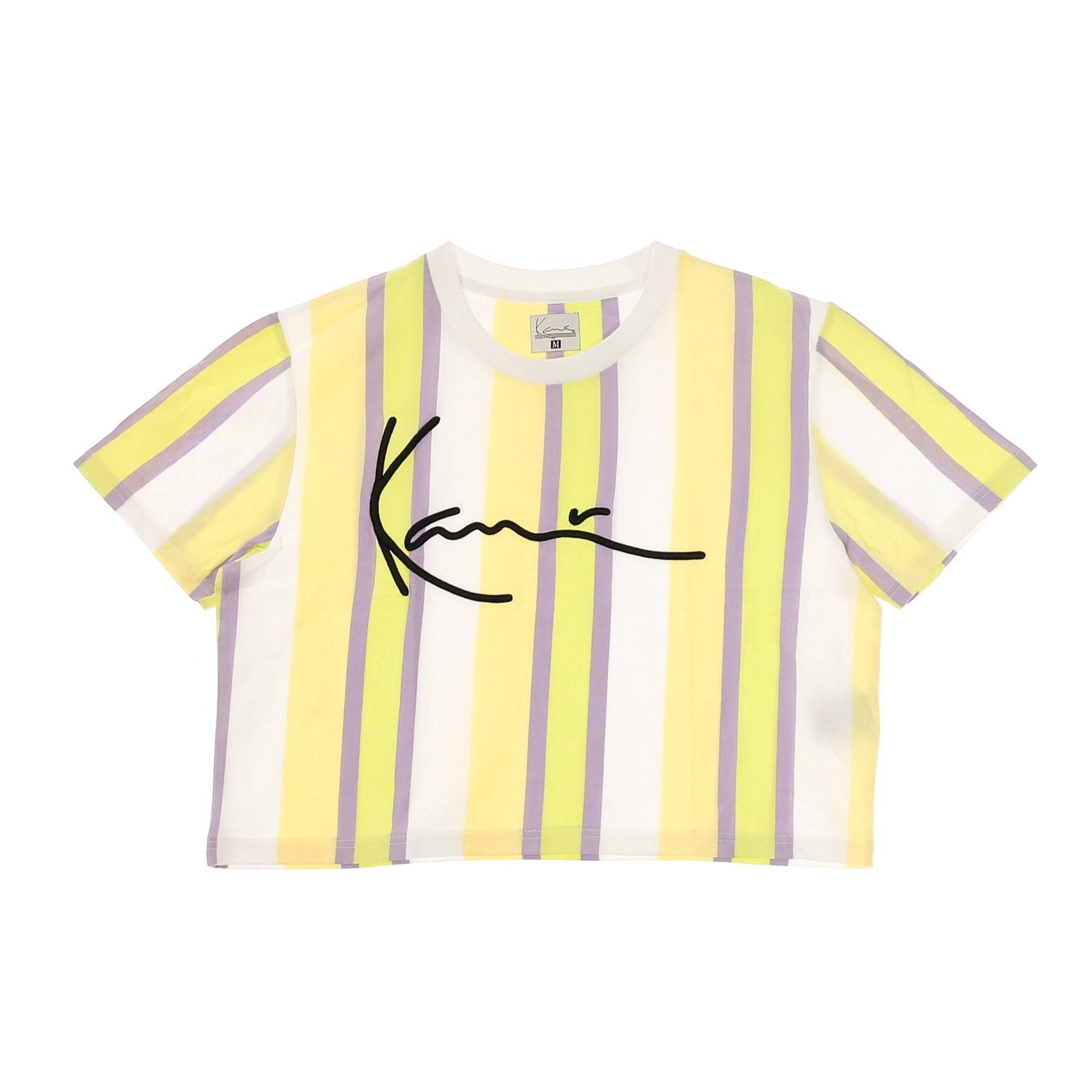 Karl Kani, Maglietta Corta Donna Signature Stripe Crop Wide Tee, White/lila/yellow