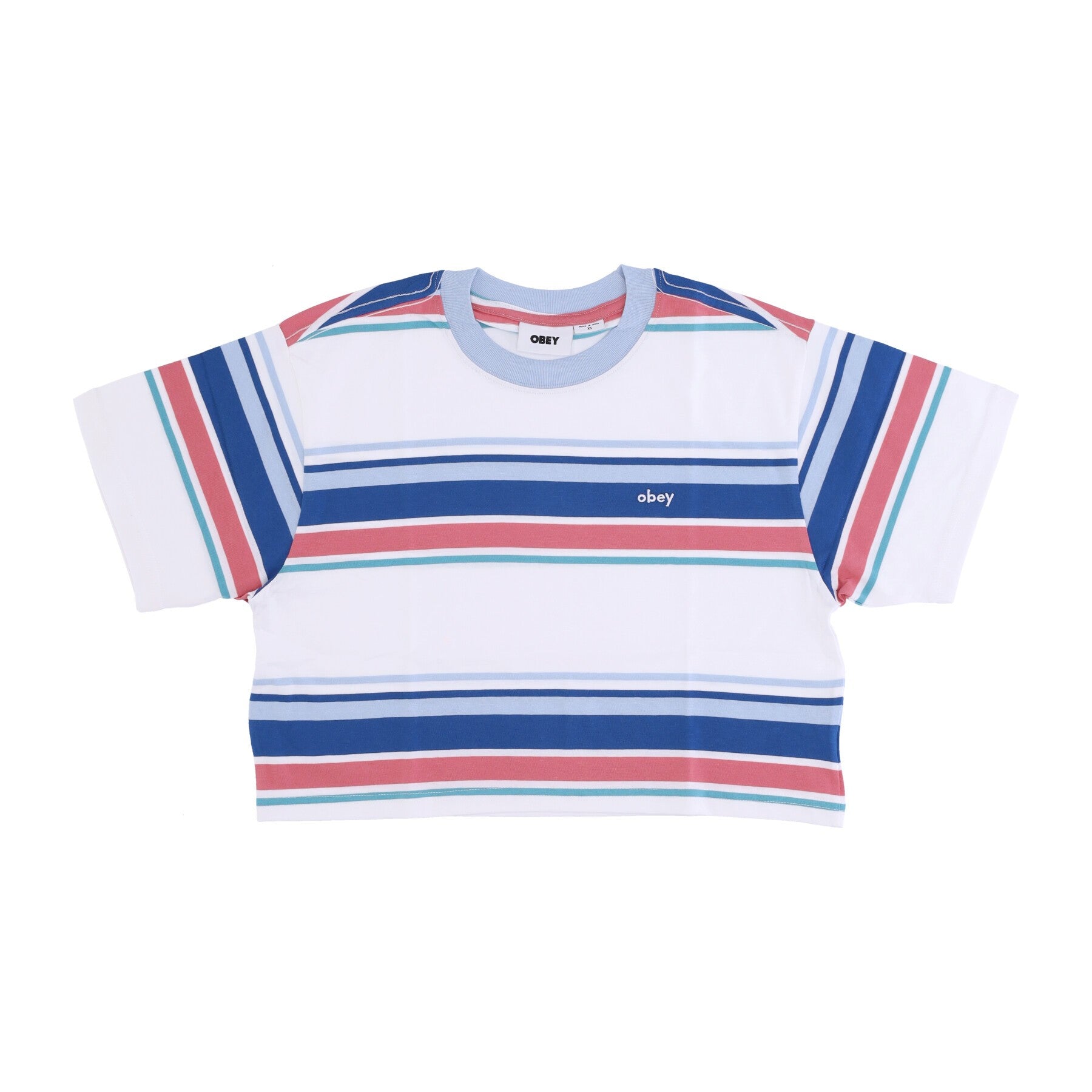 Obey, Maglietta Corta Donna June Stripes Cropped Tee, Atlantic Blue Multi