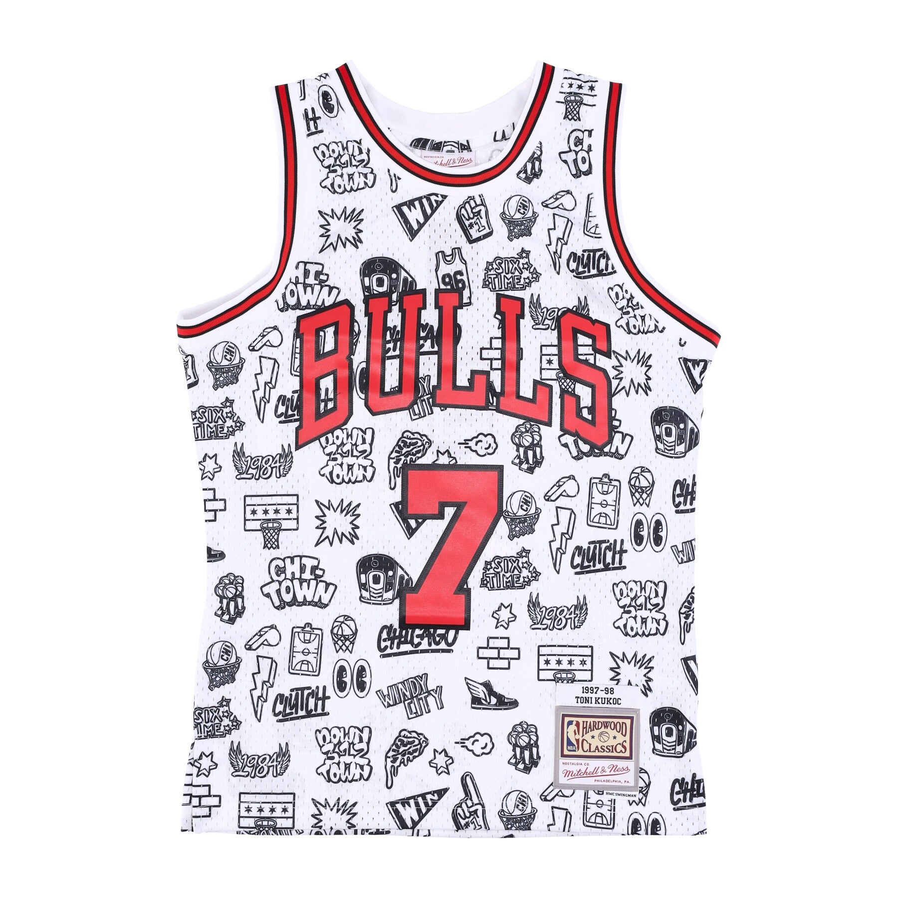 Mitchell & Ness, Canotta Basket Uomo Nba Doodle Swingman Jersey Hardwood Classics No 7 Toni Kukoc 1997-98 Chibul, White/original Team Colors