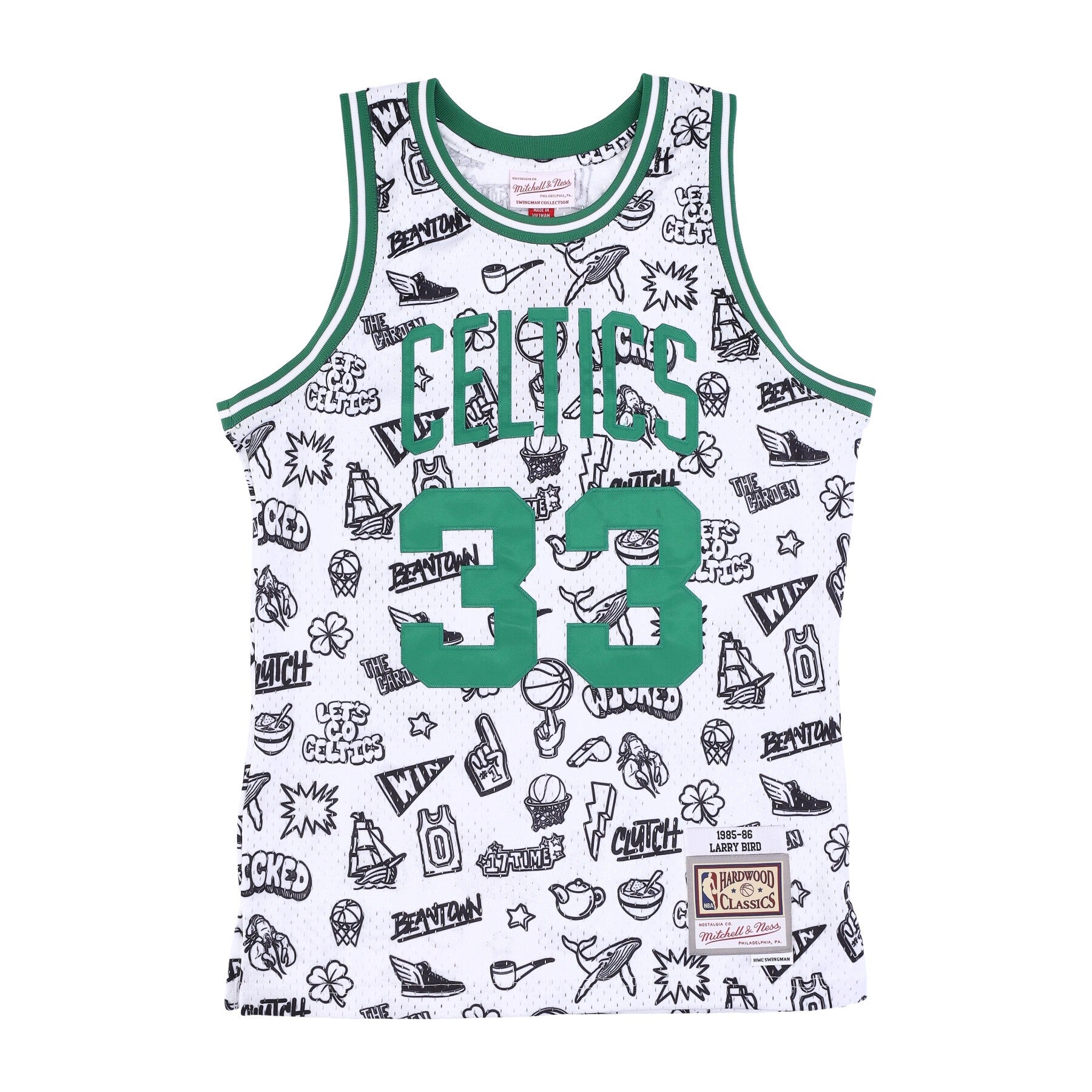 Mitchell & Ness, Canotta Basket Uomo Nba Doodle Swingman Jersey Hardwood Classics No 33 Larry Bird 1985-86 Boscel, White/original Team Colors