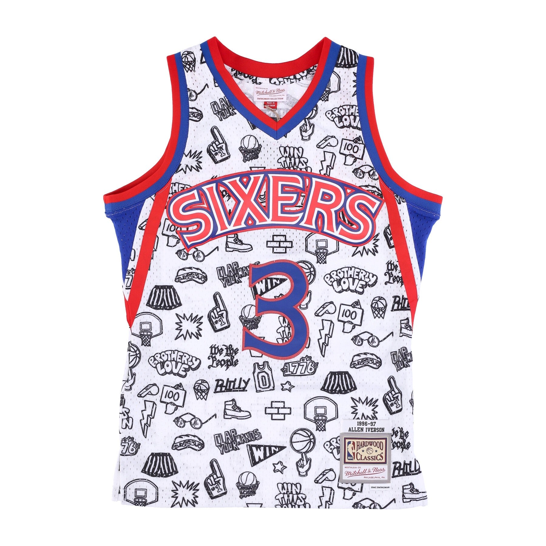 Mitchell & Ness, Canotta Basket Uomo Nba Doodle Swingman Jersey Hardwood Classics No 3 Allen Iverson 1996-97 Phi76e, White/original Team Colors