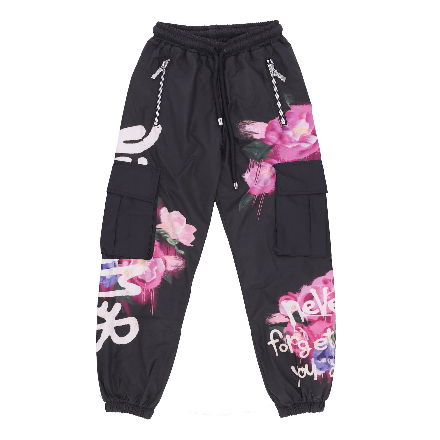 Damen-Trainingshose, Blumen-Nylonhose, Schwarz