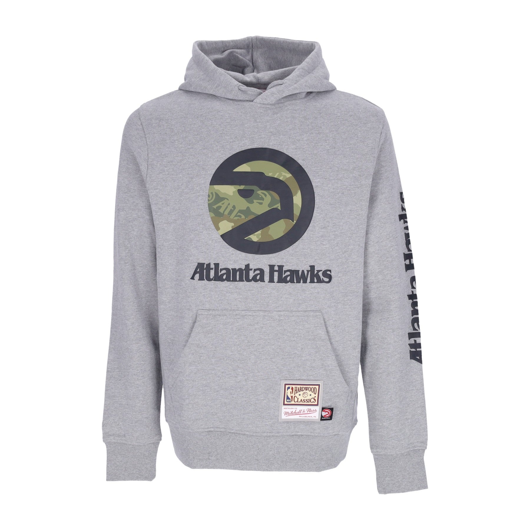 Mitchell & Ness, Felpa Cappuccio Uomo Nba Ghost Green Camo Hoodie Hardwood Classics Atlhaw, Grey Heather