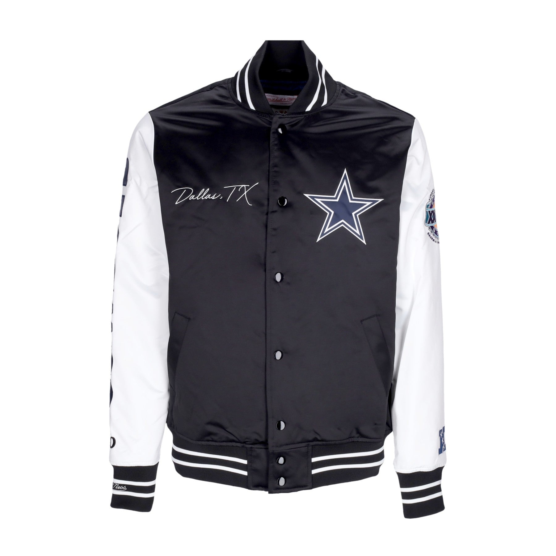 Mitchell & Ness, Giubbotto Bomber Uomo Nfl Team Origins Varsity Satin Jacket Dalcow, Black/white