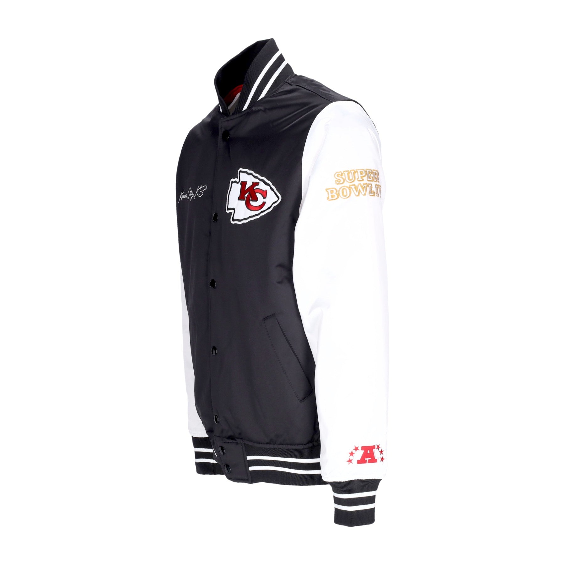 Chaqueta de bombardero masculina NFL Equipo Origins Varsity Satin Jacket Kanchi Black/White