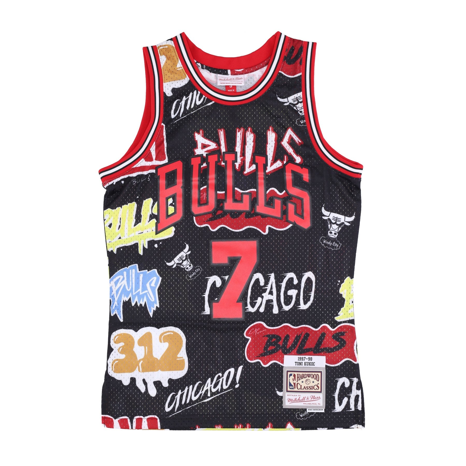 Mitchell & Ness, Canotta Basket Uomo Nba Slap Sticker Swingman Jersey Hardwood Classics No 7 Toni Kukoc 1997-98 Chibul, Black