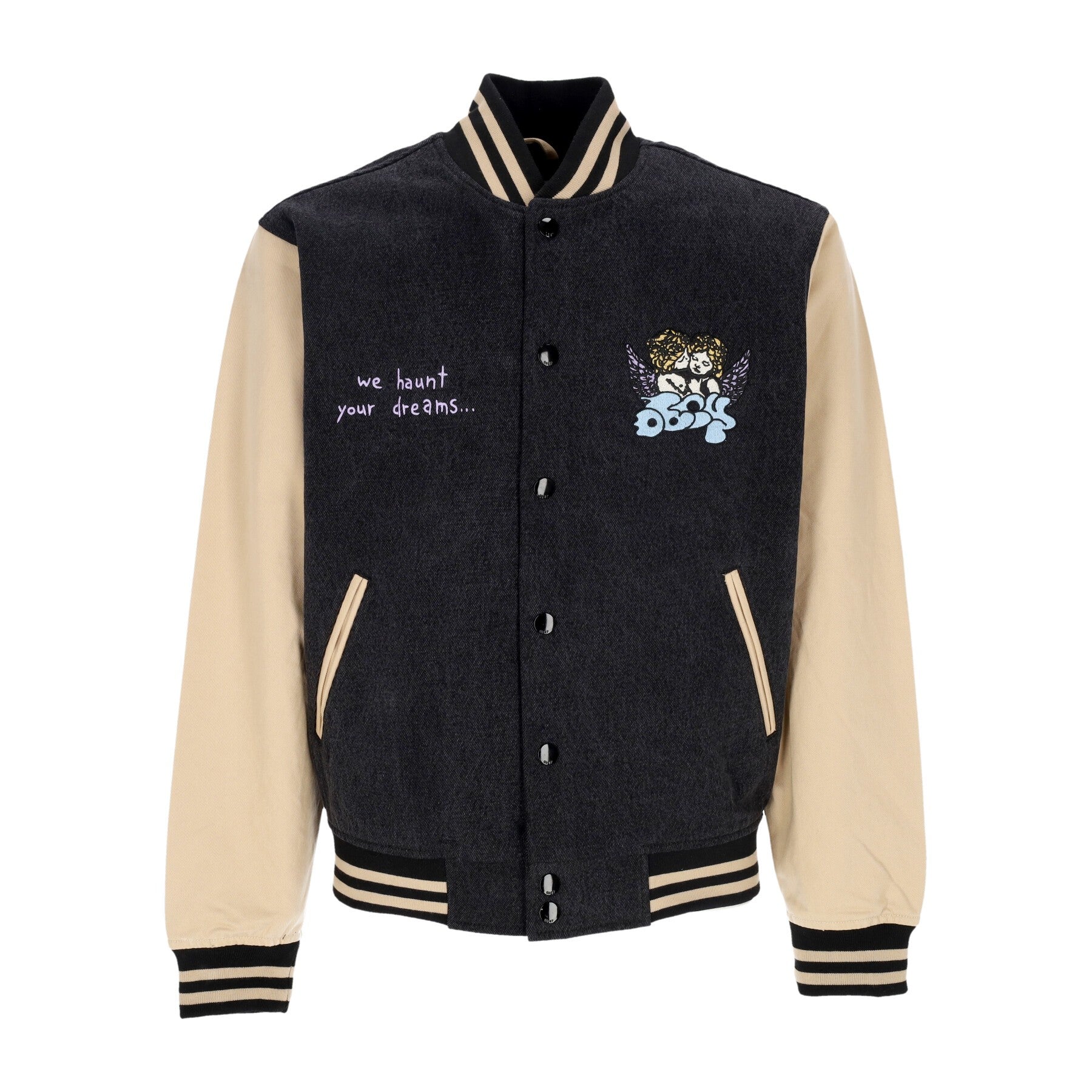 Obey, Giubbotto Uomo Care Denim Varsity Jacket, Dusty Black Multi