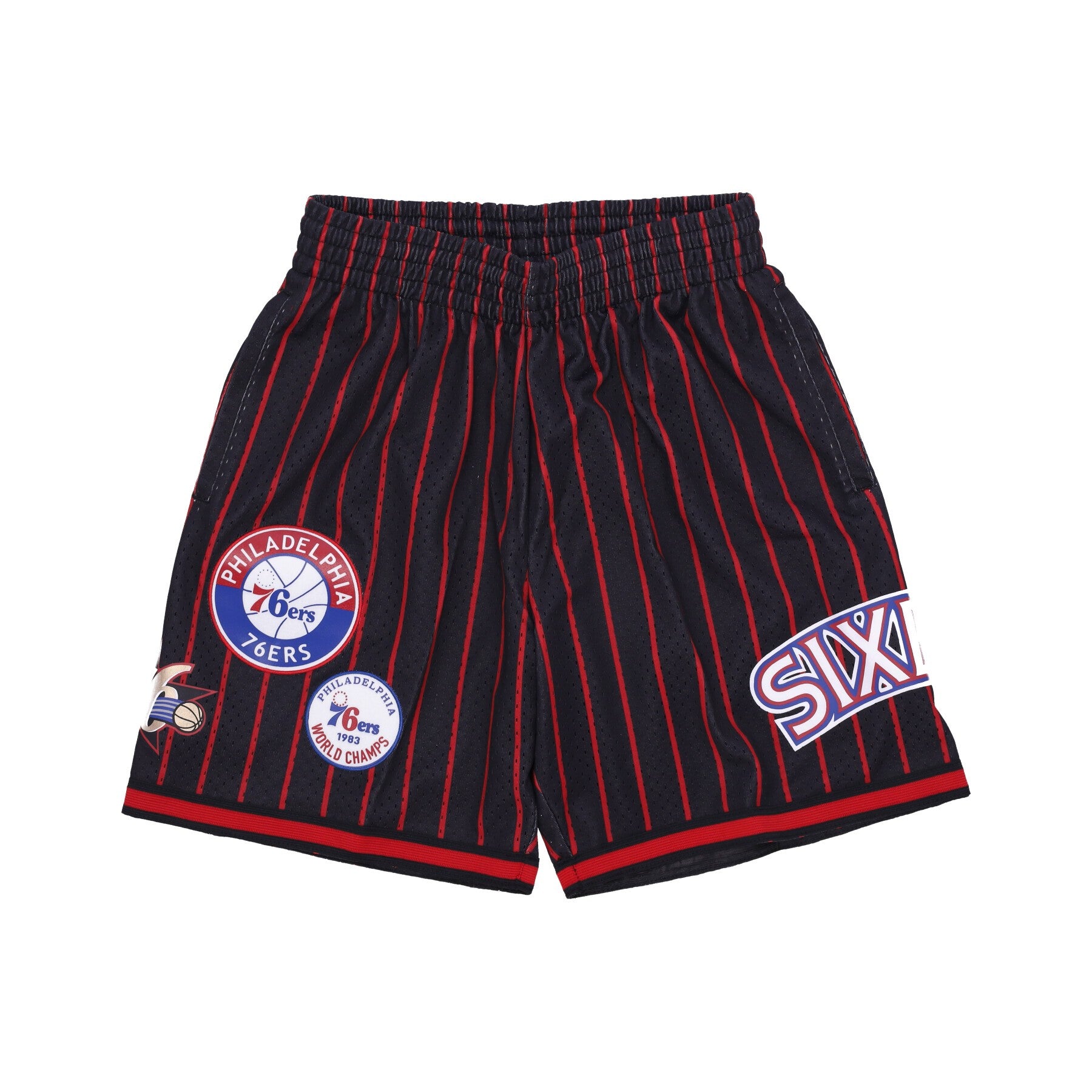 Mitchell & Ness, Pantaloncino Basket Uomo Nba Hometown Mesh Short Hardwood Classics Phi76e, Black/red