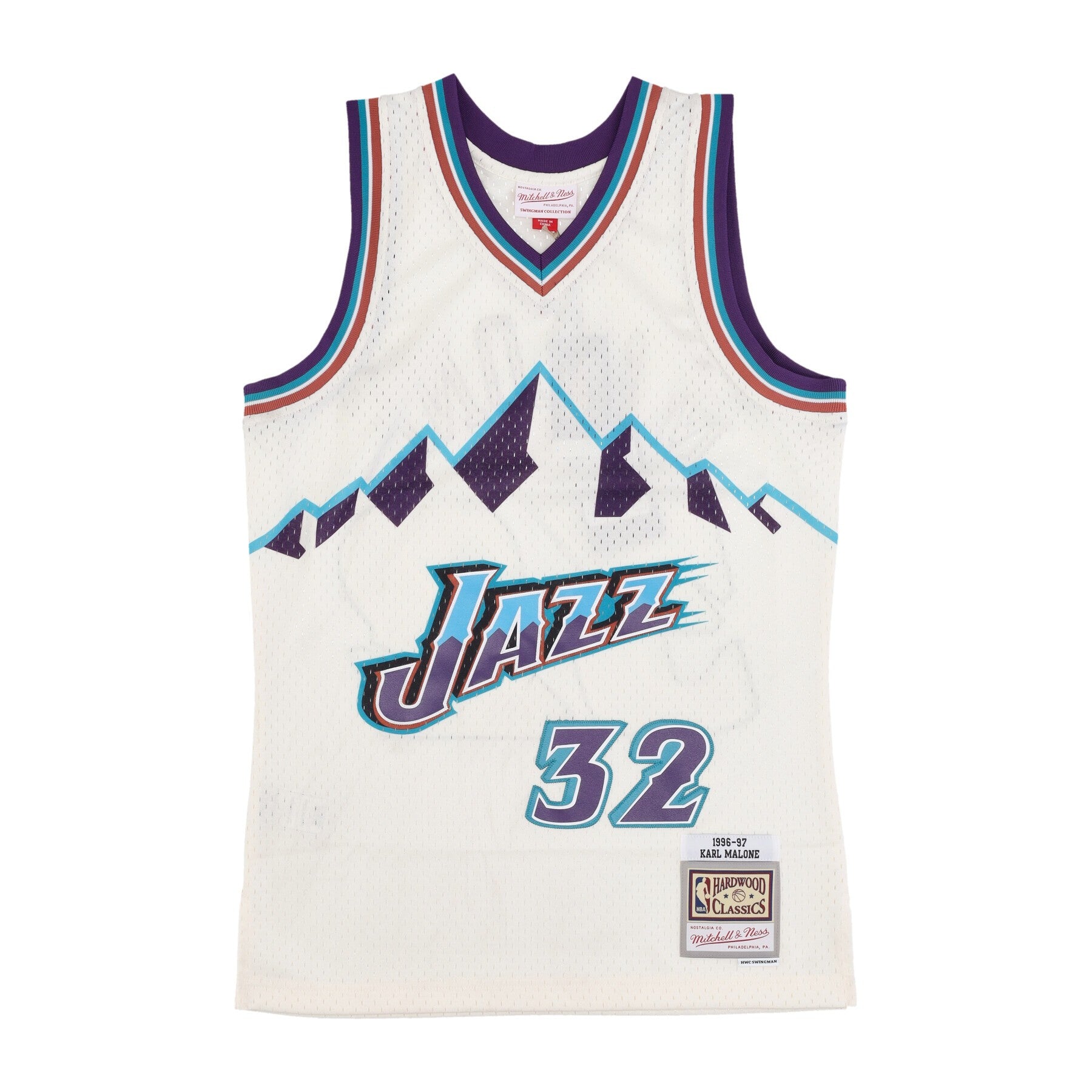 Mitchell & Ness, Canotta Basket Uomo Nba Off White Team Color Swingman Jersey Hardwood Classics 1996 No 32 Karl Malone Utajaz, Off White