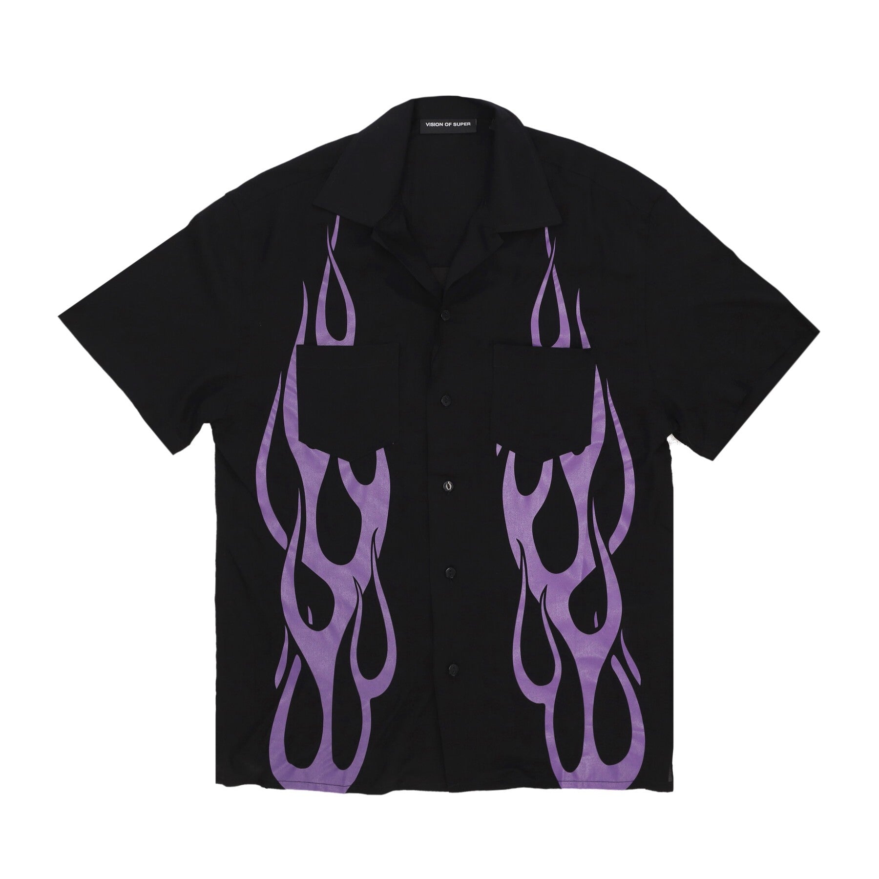 Vision Of Super, Camicia Manica Corta Uomo Flames Shirt, Black/purple