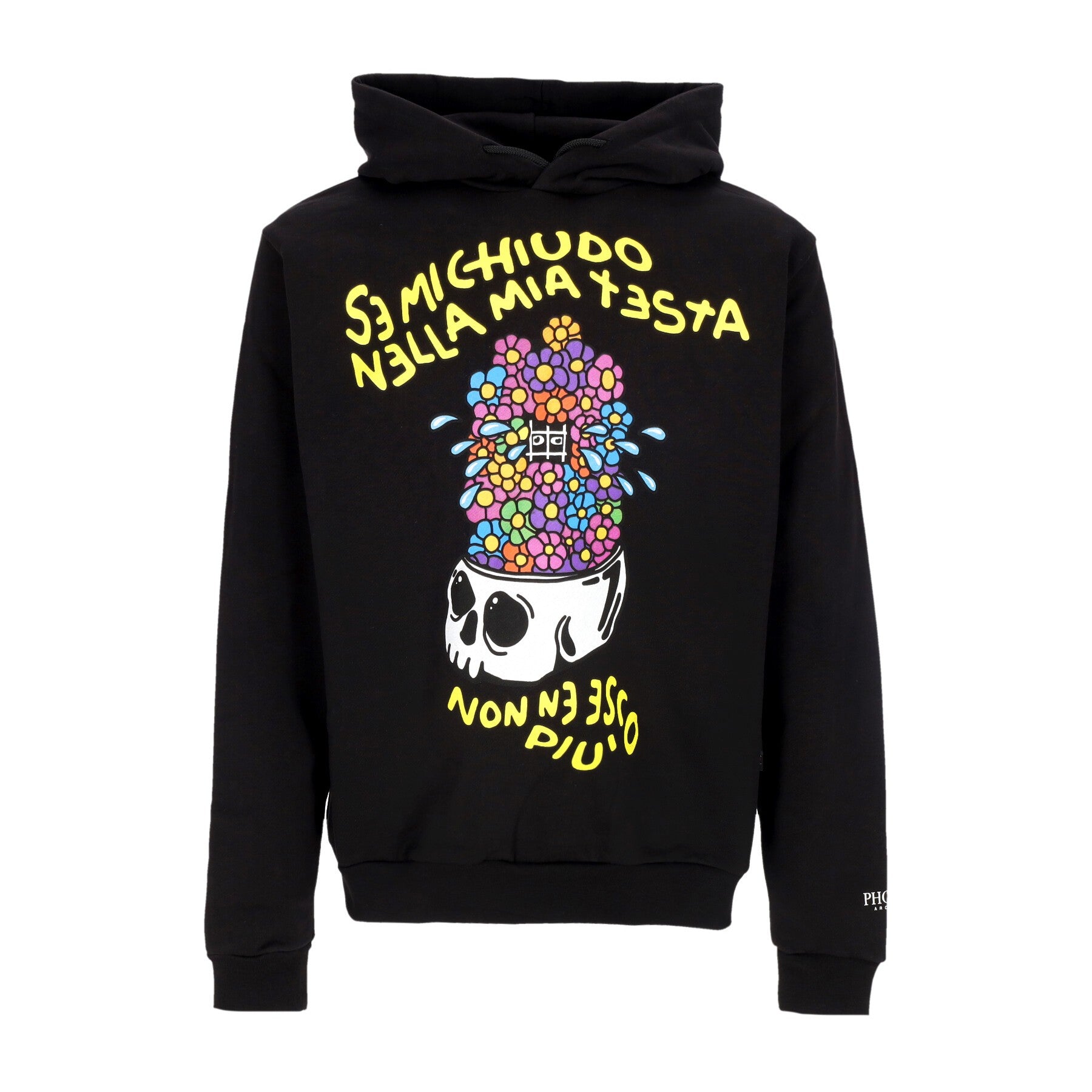 Felpa Leggera Cappuccio Uomo Skull& Flower Print Hoodie Black