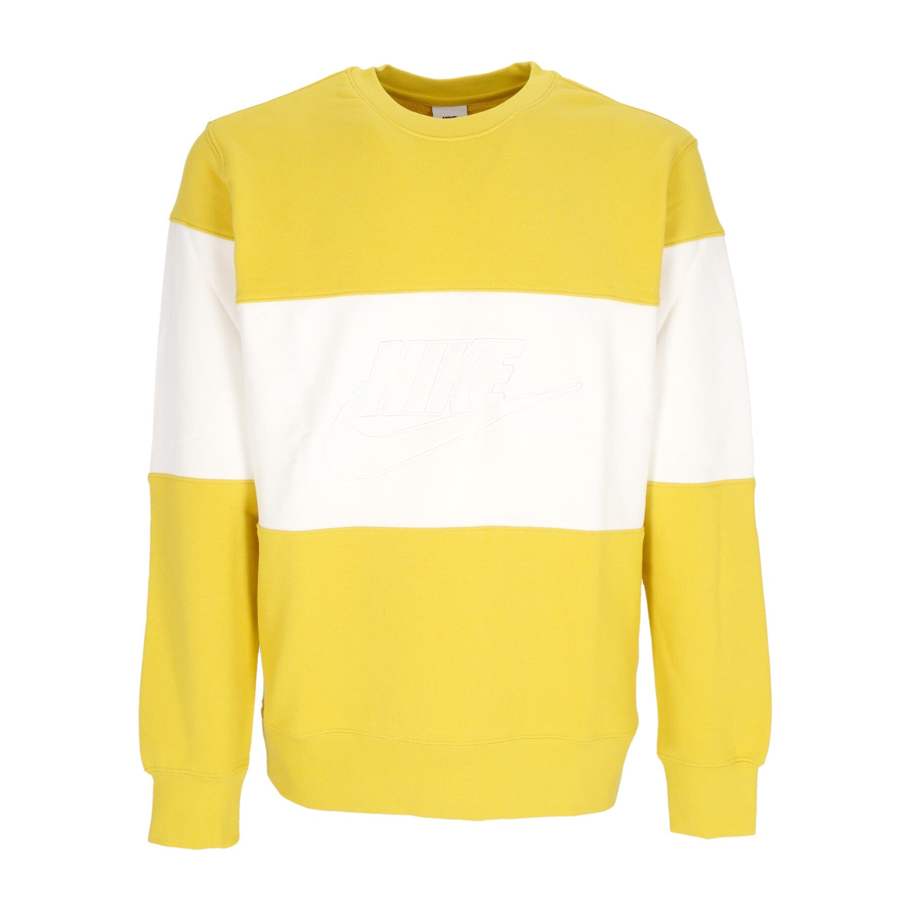 Nike, Felpa Leggera Girocollo Uomo Club Plus Colorblock Crewneck, Vivid Sulfur/white