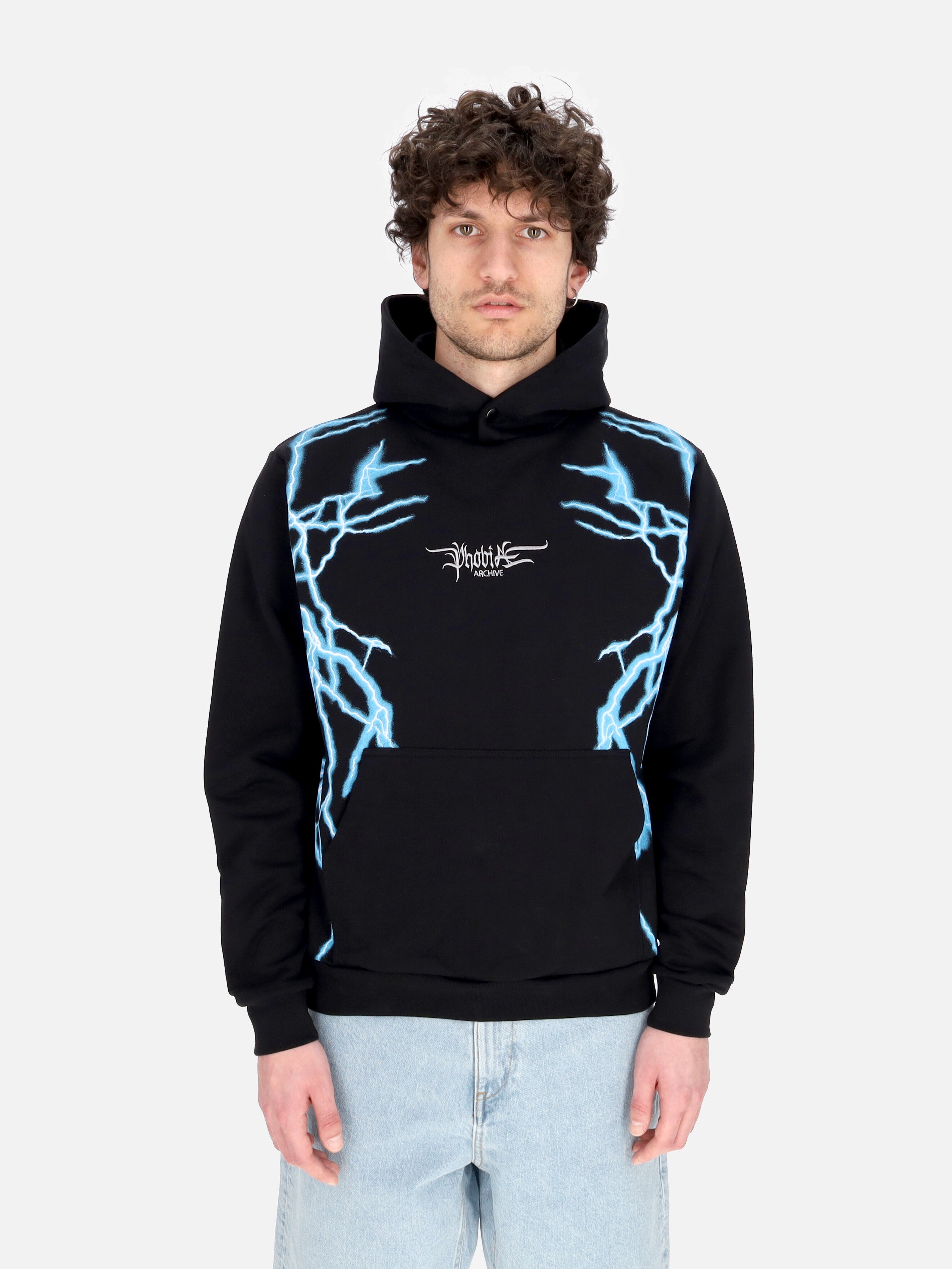 Felpa Leggera Cappuccio Uomo Lateral Lightning Print Hoodie Black/light Blue PH00564