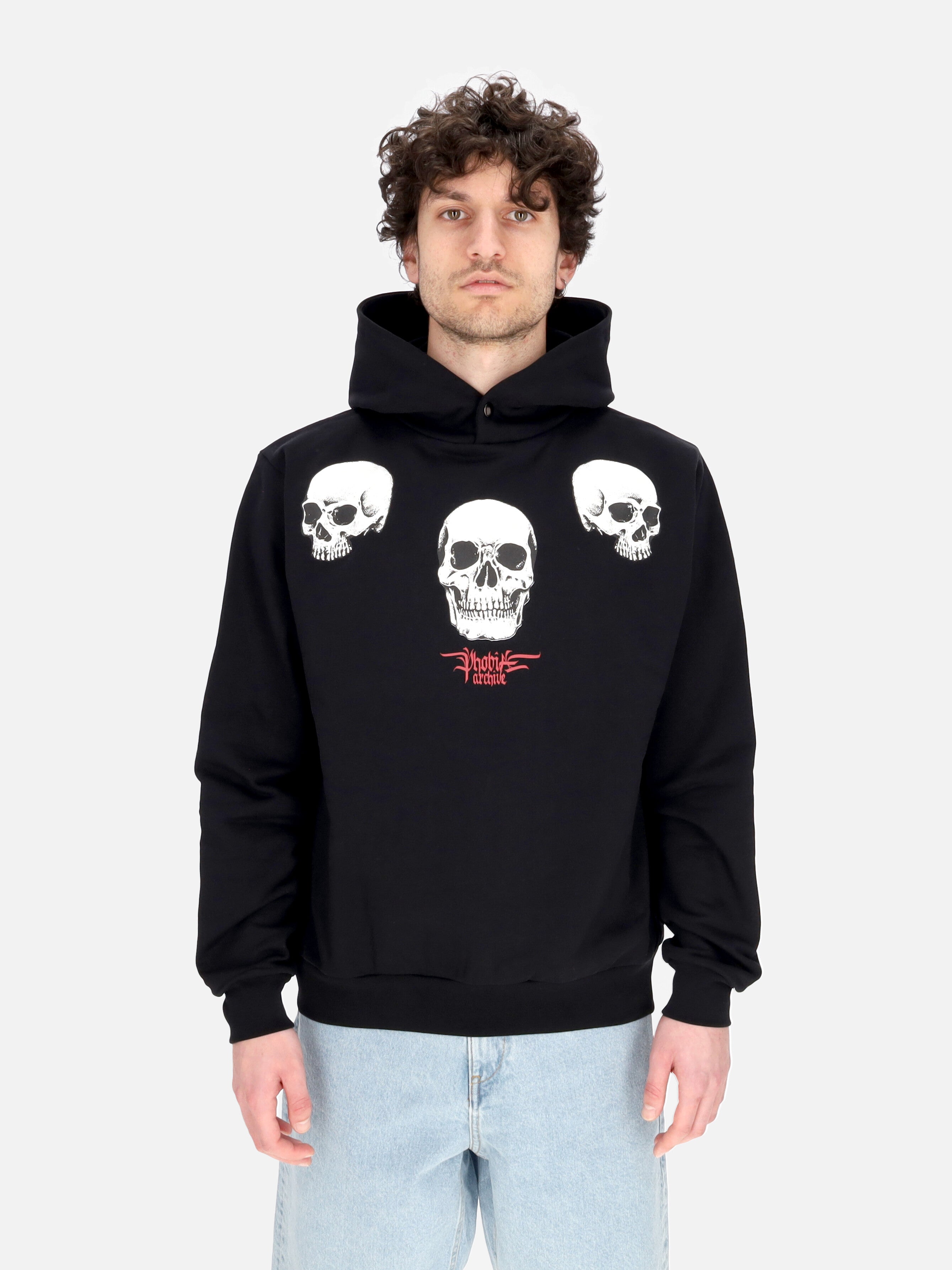 Felpa Leggera Cappuccio Uomo Triple Skull Print Hoodie Black/red PH00663